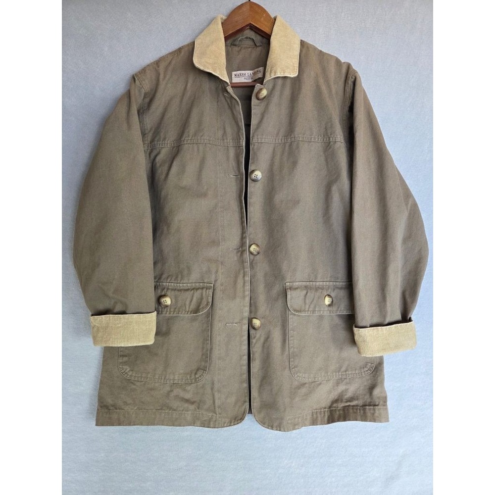 Marsh Landing Petites Vintage Cotton Chore Coat Corduroy Trim Barn Jacket Olive